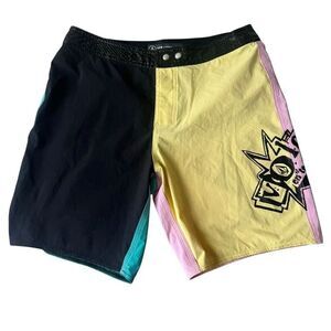 Volcom Board Shorts Black Yellow Pink Liberators V-ENT Surfing Beach SZ 28 #2502